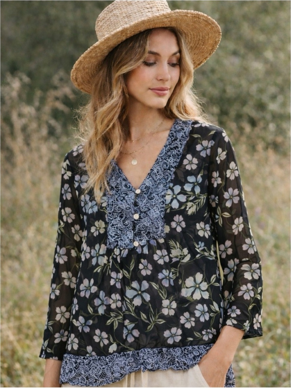J.Jill Black Blue Floral Lace Print Button Front Boho Tunic Sheer Flowy Top XL